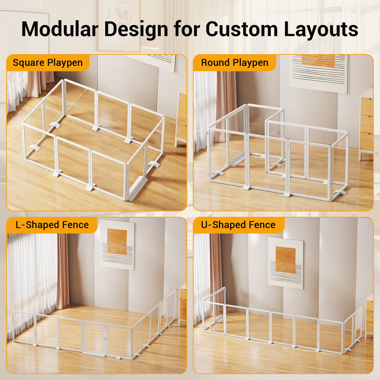Mophoto Clear Acrylic Pet Playpen, 25.6" H Transparent Dog Fence with Support Feet, Sturdy & Stylish Indoor Enclosure for Puppy, Cat, Rabbit, Easy to Assemble & Clean