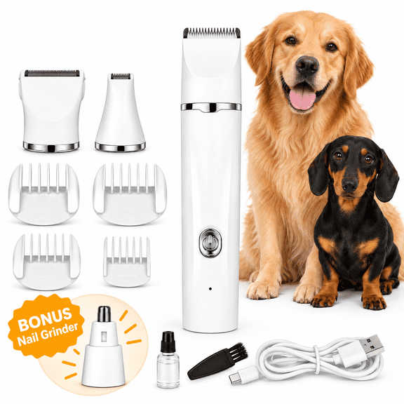 4-in-1 Pet Grooming Kit, 2-Speed Electric Dog and Cat Hair Trimmer with Full-Size Clipper, Detail Trimming Heads and Nail Grinder, White