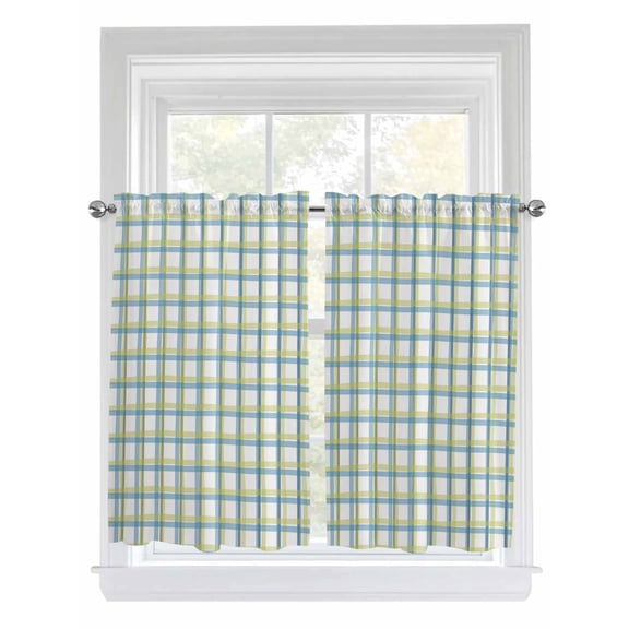 Tier Curtains 45 Inches Long, Turquoise Green Plaid, Window Treatment Curtain Drapes, Abstract Minimalistic Geometric Grid Window Half Privacy Curtains for Bedroom Bathroom, 42"x45", 2 Panels