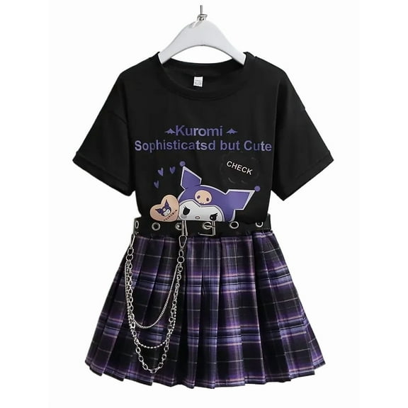 Kawaii Kuromi Short Sleeves Skirt Suit Preppy Style T-shirt Pleated Skirt Student Fashion Trend  Uniform
