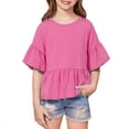 thumbnail image 2 of Kids Flounce Sleeve Ruffled Hem Peplum Tops Girls Summer Crew Neck Tees, Hot Pink 130, 2 of 4