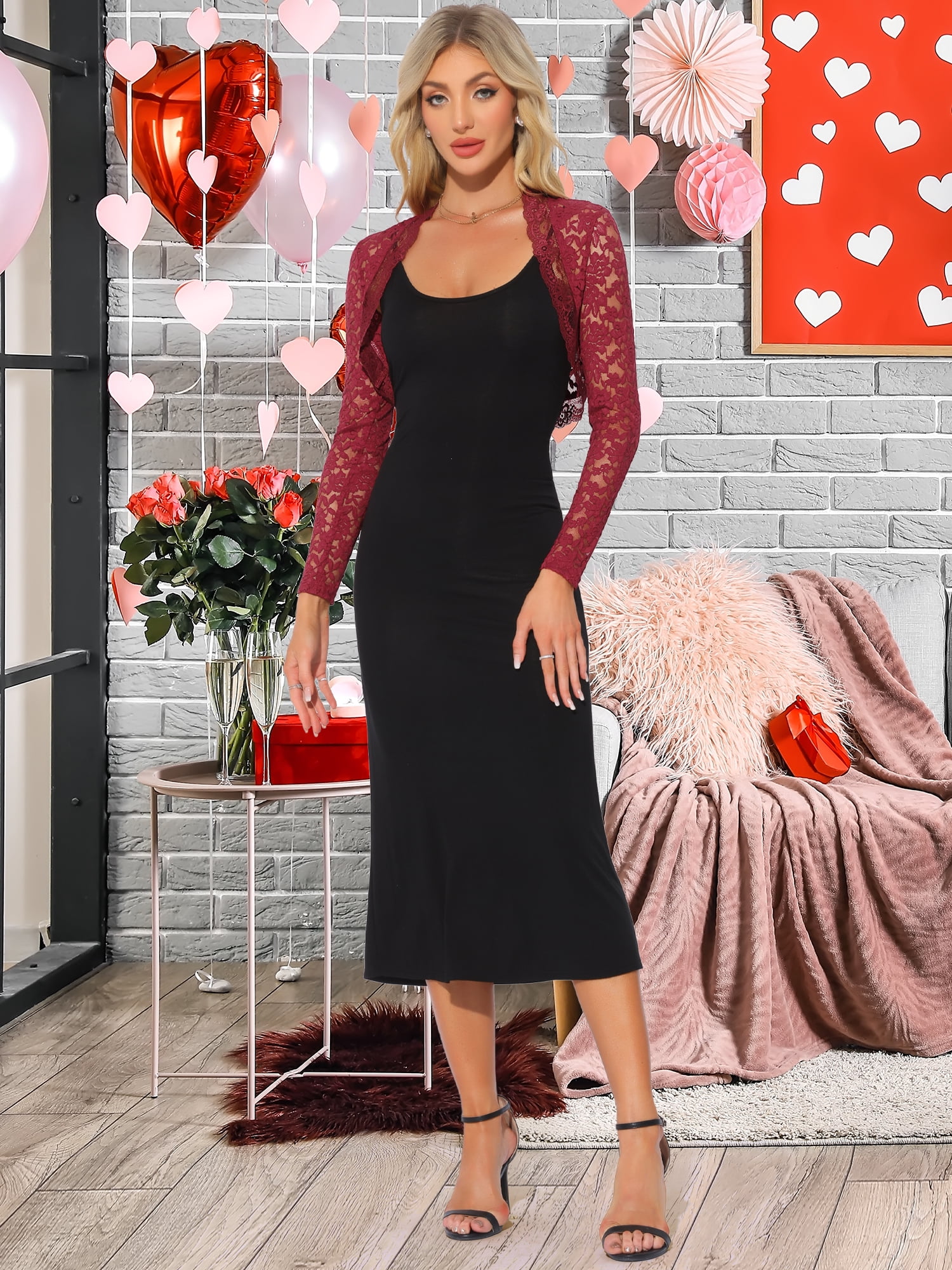 DARING DIVA Women's Floral Bolero Shrug Long Sleeve Sheer Cropped Lace Cardigan XS Dark Red