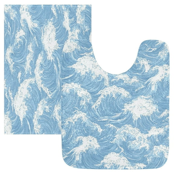 2 Piece Soft Bathroom Rug Set Light Blue Waves Pattern Bath Mat and U-Shaped Toilet Contour Rug (16"x24" 20"x24")