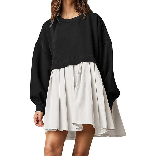 xiaxaixu Surdimensionné Sweat-Shirt Robe Patchwork Manches Longues Col Rond Mini Robe Pull Tops