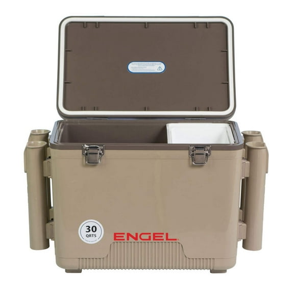 ENGEL 30 Qt Leak-Proof Insulated Drybox Cooler with 4 Rod Holders - Tan