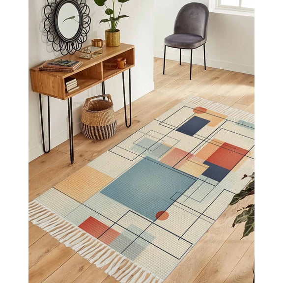 Orange Blue Geometric Area Rug 3x5ft Woven Runner Rug,Vintage Contemporary Abstract Washable Living Room Hallway Bedroom Kitchen Carpet with Tassels,Indoor Outdoor Throw Door Mat for Entryway