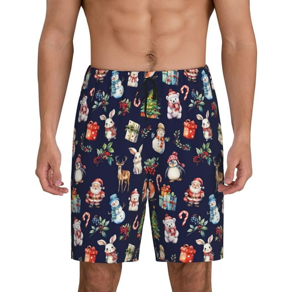 Logiee Christmas Critters Delight Print Men's Pajama Shorts with Drawstring & Pockets,Sleep Shorts for Men,Sleepwear Bottoms,Elastic Waistband Loungewear-Small