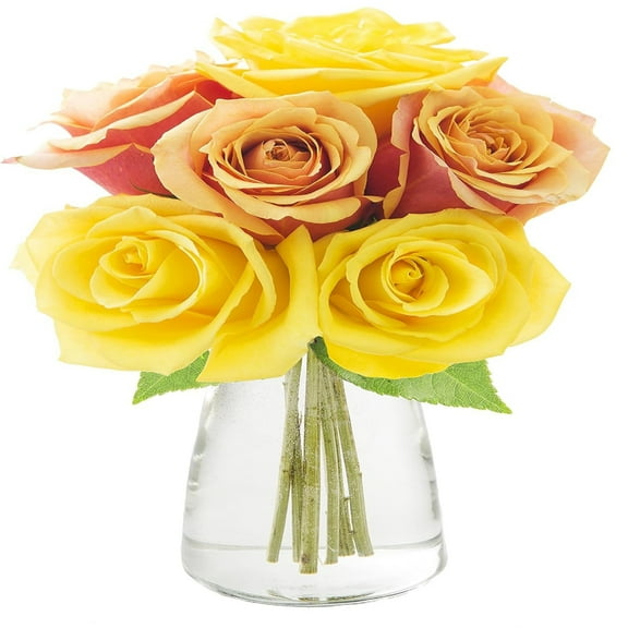 KaBloom : 6 Orange Roses, 6 Yellow Roses, 3 Greens, and Vase, Next-Day Delivery.