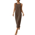 thumbnail image 2 of Ayolanni Cotton Linen Dresses for Women 2026 Brown Crew Neck Sleeveless A-Line Maxi Dress Flowy Going Out Solid Work Sundress S, 2 of 9