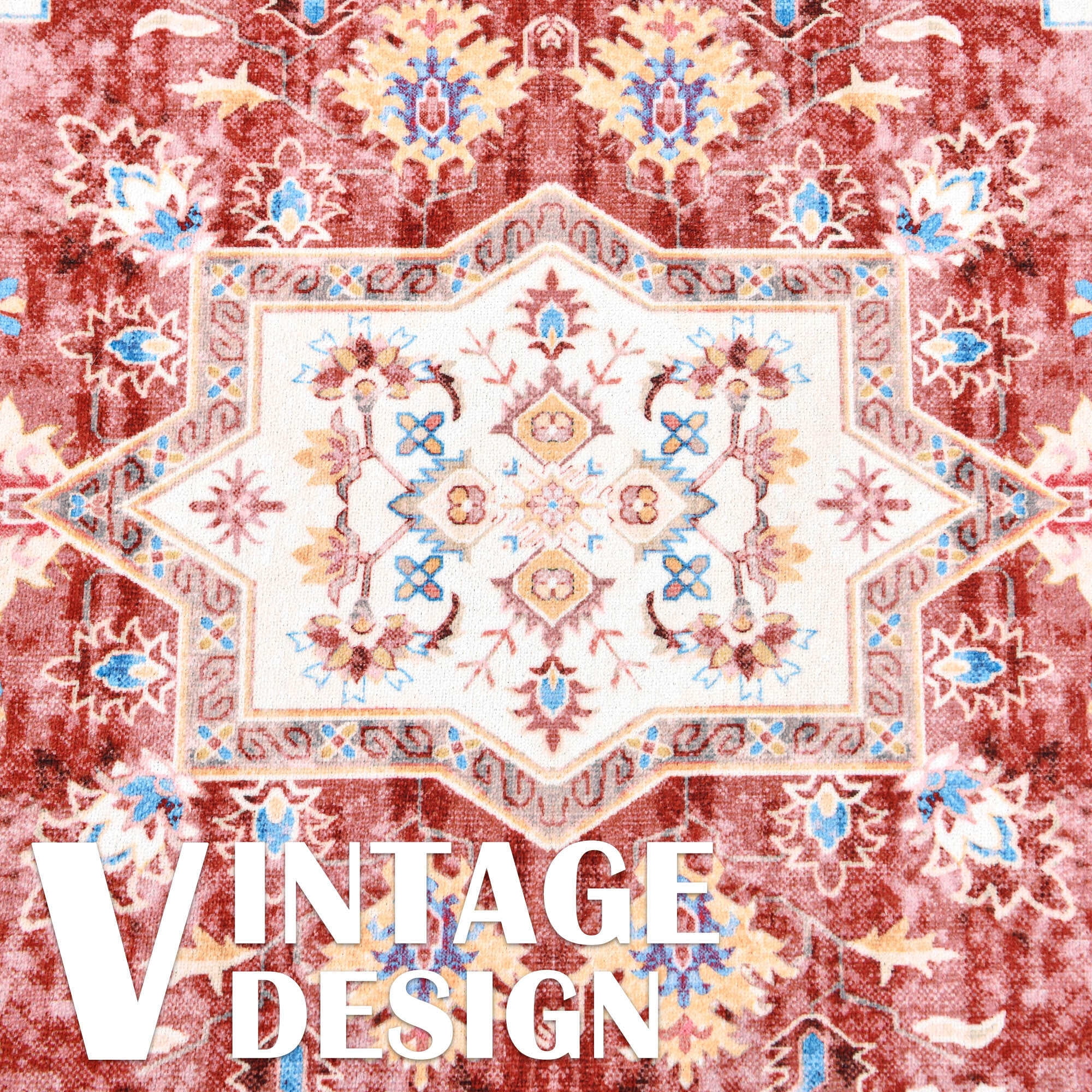 Softlife Ultra-Thin Chenille Vintage Area Rug Non Slip Washable Oriental Tribal Antique Carpet Home Decor Boho Style,6'x9',Red