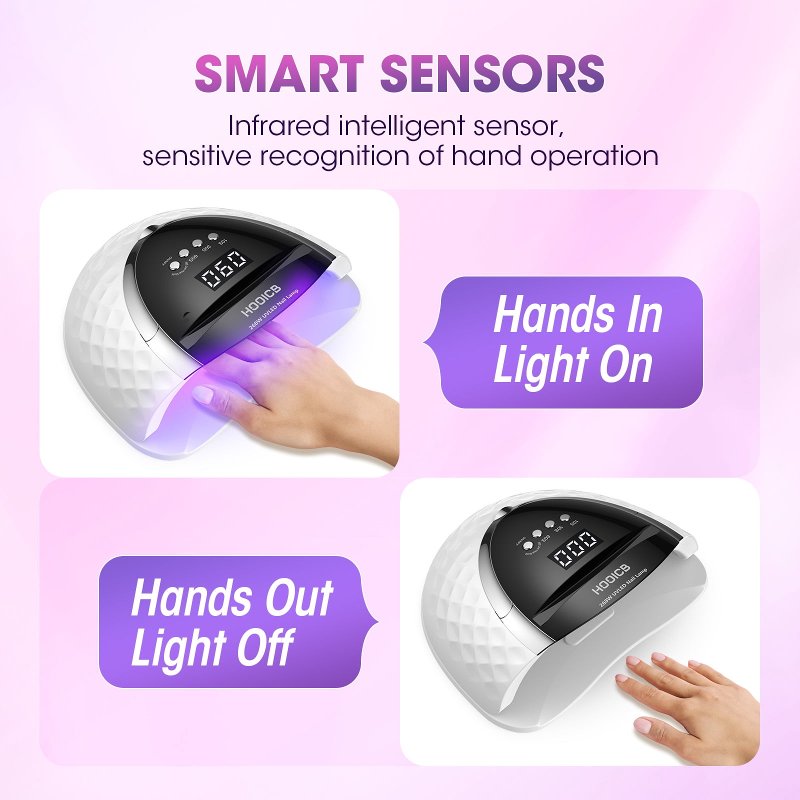HOOICB UV LED Nail Lamp, 268W Nail Light for Gel Polish, Portable Handle, 4 Timers, 57 Lamp Beads and Automatic Sensor for Manicure Salon and Home