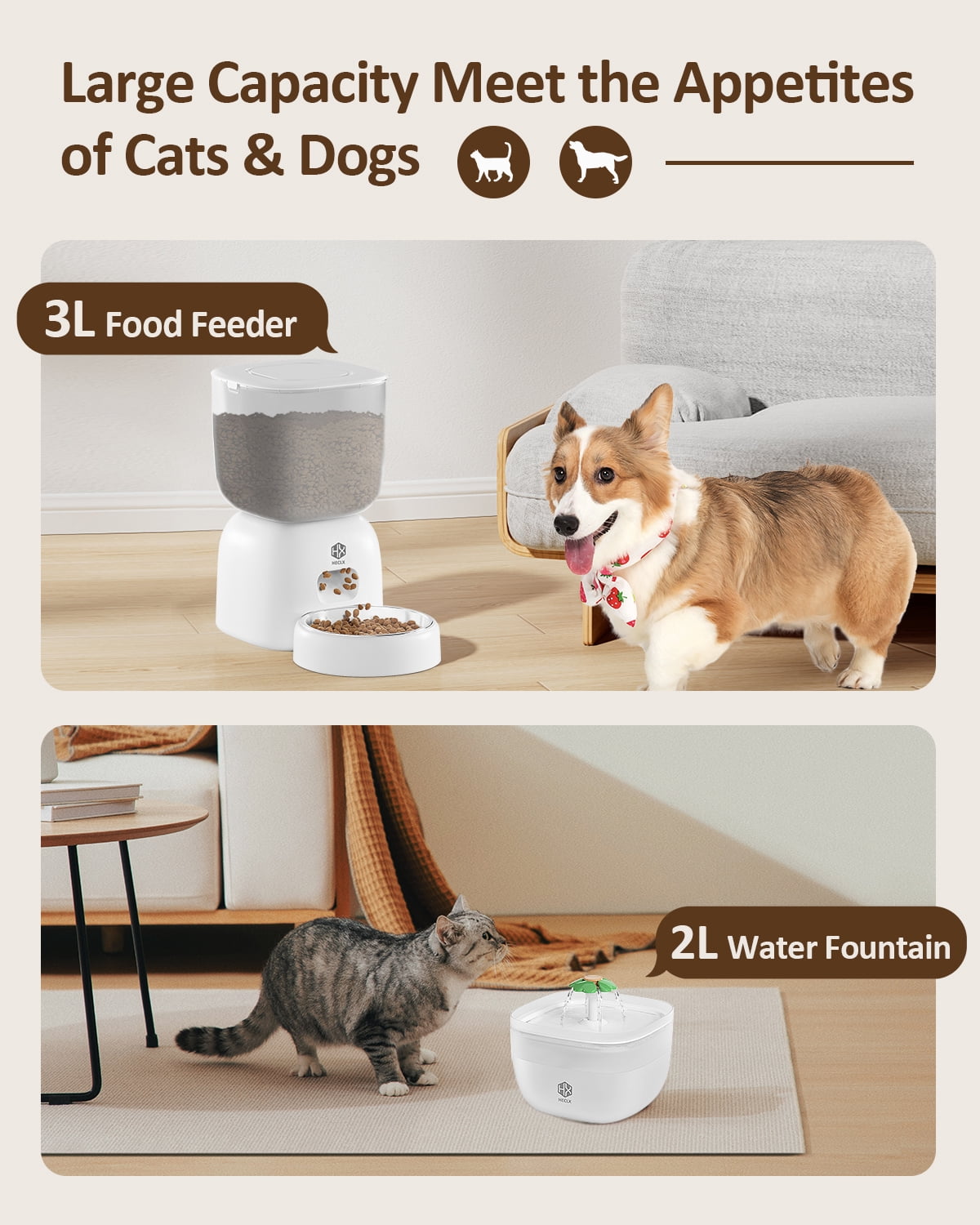 Automatic Cat Feeder and Water Dispenser Set with Pet Food Bowl, Smart Cat Food Timer Automatic Feeder, Locking Lid, Voice Recorder (White)