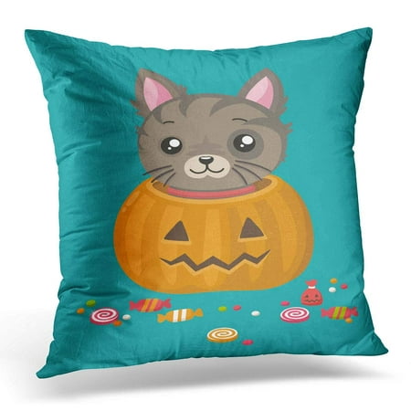 ECCOT Gray Striped Kitten The Cat Sits in Pumpkin with Carved Face Sweets and Candies are Scattered Around Pillowcase Pillow Cover Cushion Case 20x20 inch
