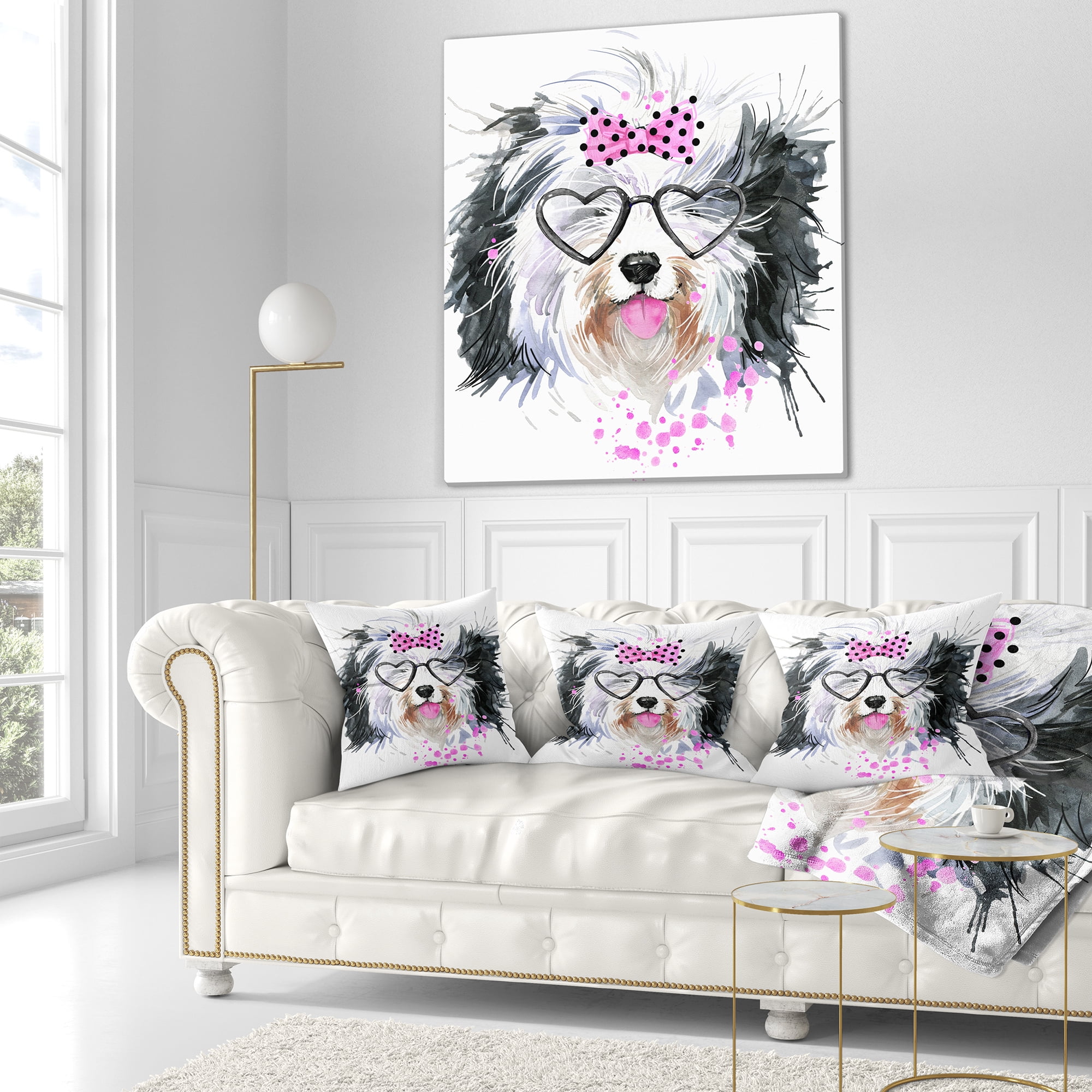 Designart Cute Dog with Heart Glasses - Contemporary Animal Throw Pillow - 16x16