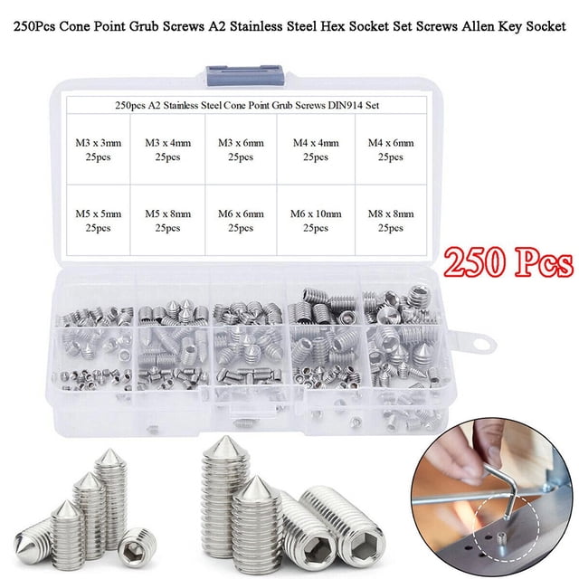 250Pcs 304 Stainless Cone Point Grub Screws Hex Socket Set Screw Kit M5-M8 Hardware 304 Stainless Steel Fasteners