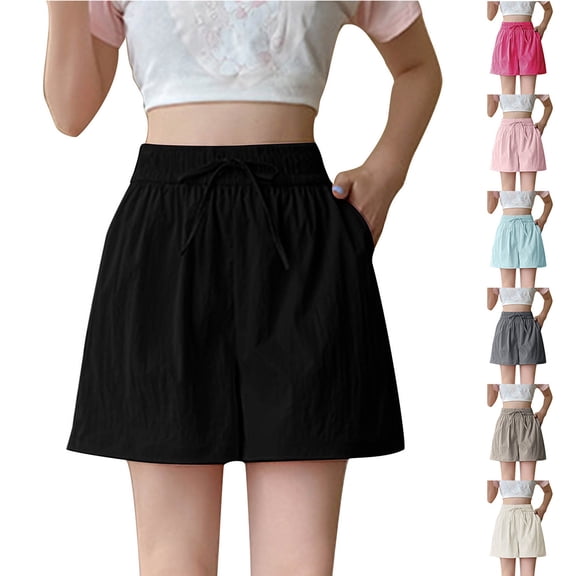 EaskTriop Women's Summer Beach Shorts Elastic Waist High Waisted Wide Leg Flowy Shorts for Women Casual Comfy Lightweight with Pockets Solid