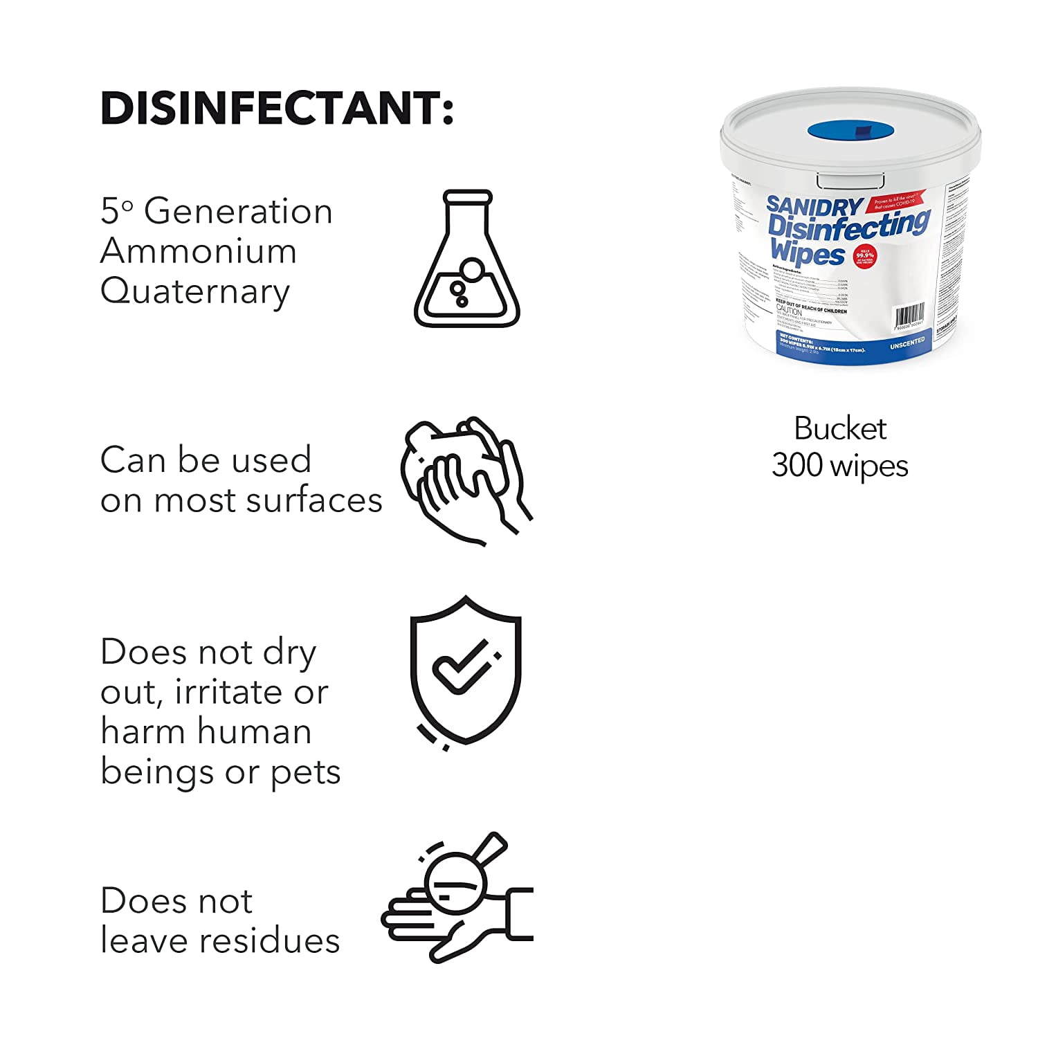 Rosmar Sanidry Disinfecting Wipes 300 Count - 4 Pack, EPA Registered, Unscented, White, Nonabrasive
