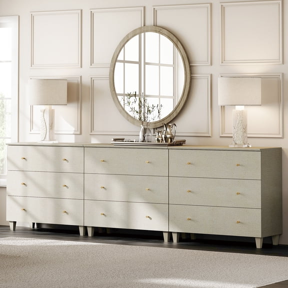 WAMPAT Dresser with 9 Drawers for Bedroom, 3-in-1 Wooden Wide Chest of Drawers, Modern Closet Storage Organizer with Solid Wood Legs for Living Room, Nursery, 106.2x15.4x32.4, Beige Linen Finish