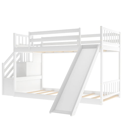 Twin Over Bunk Bed With, Twin Over Full Bunk Beds Storage Low With Slide And Staircase