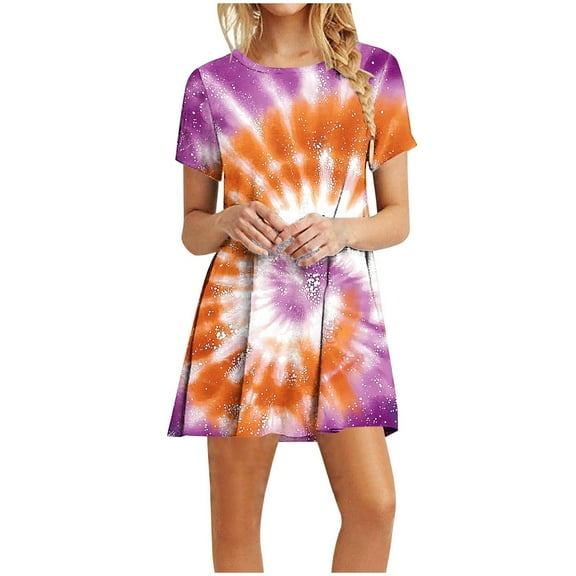 Youyipin womens summer dresses Tie Dye Hippies Print Women's Summer Casual Boho Dress Short Sleeve Midi Beach Vacation Party Dresses for Women