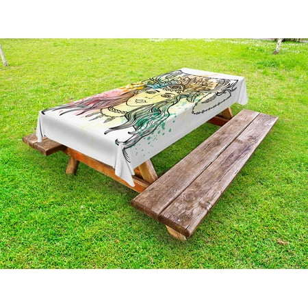 

Occult Outdoor Tablecloth Female Shaman with Third Eye Form on Head with Watercolors Splash Occultism Drawing Decorative Washable Fabric Picnic Tablecloth 58 X 120 Inches Multicolor by Ambesonne