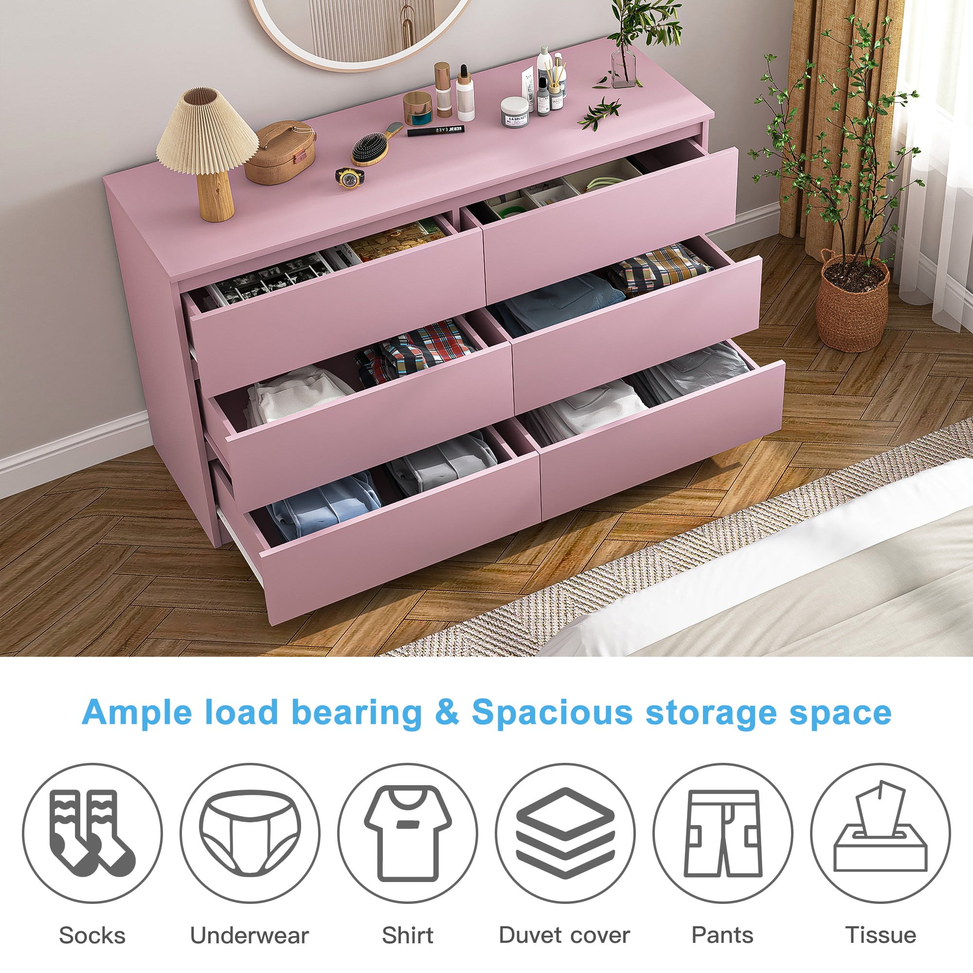 Demi Bonn 6 Drawer Double Dresser, Modern 6 Chest of Drawers with Deep Drawers, Wide Storage Organizer Cabinet for Living Room, Pink