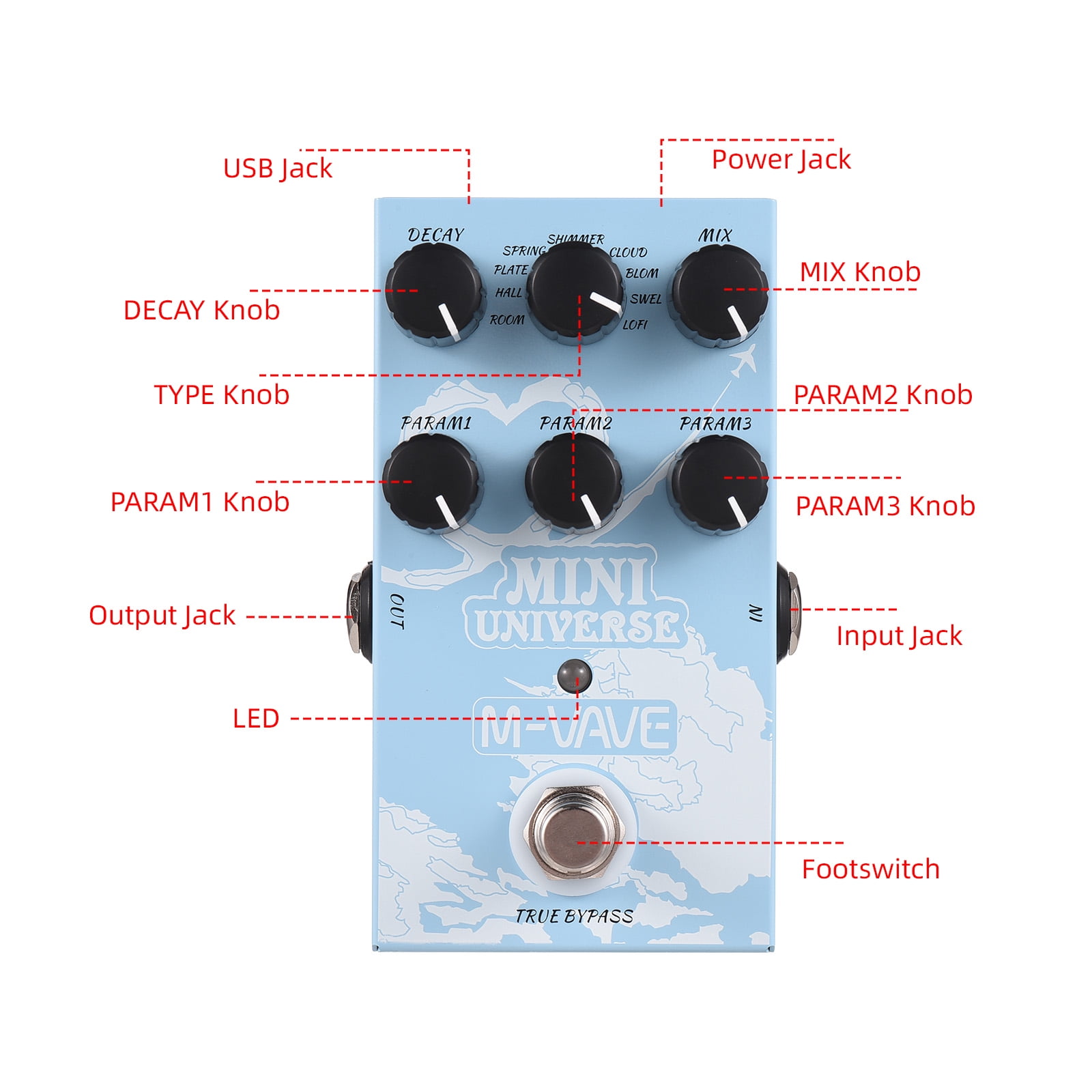 M-VAVE Digital Reverb Pedal Guitar Effect 9-Mode Selection Modeling Reverberation for Bass Universe