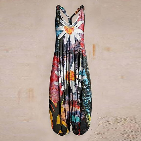Teissuly Women Fashion Sexy Casual Vintage Print Backless V-Neck Sleeveless Playsuit Jumpsuit