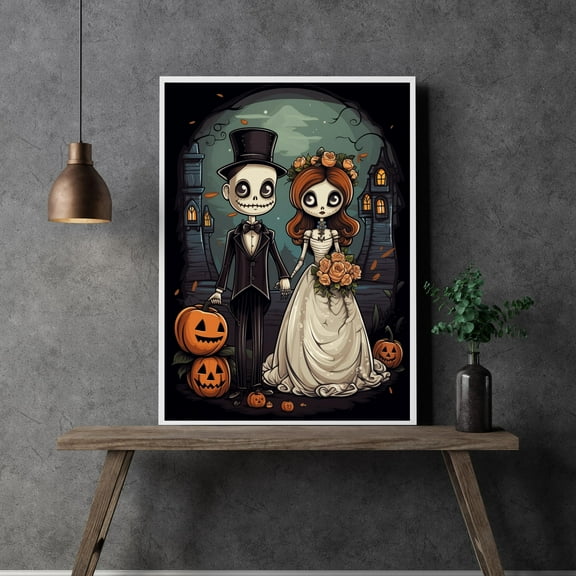 YaHaku Bride and Groom Halloween wall art, Spooky Halloween wedding gift, Halloween lover print, Trendy Bride and Groom
