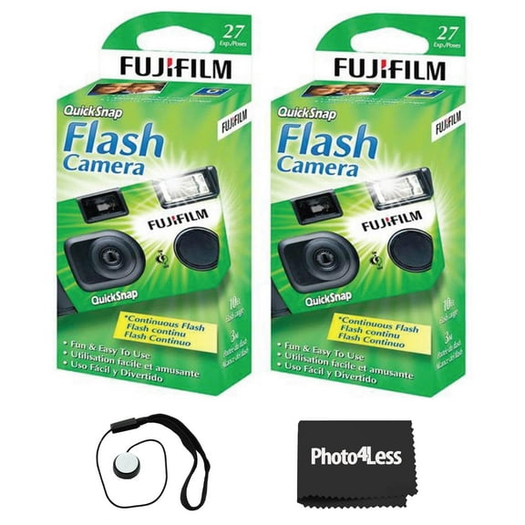 Fujifilm QuickSnap Flash 400 Disposable 35mm Camera (Pack of 2) Bundle with Hand Strap And Lens Cleaning Cloth