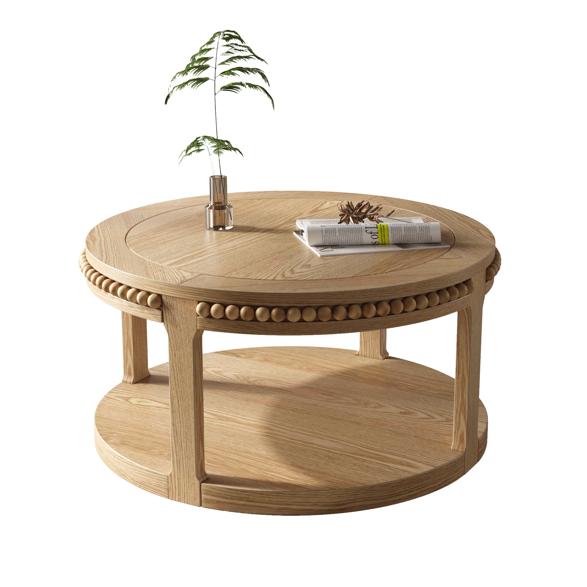 31.5" Round Solid Wood Coffee Table with 2-Tier Storage Shelf, Modern Circle Center Table with Thickened Top & Sturdy Wood Legs for Living Room, Natural Wood