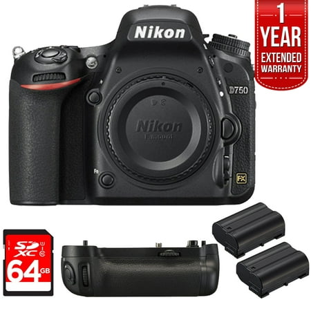 Nikon D750 DSLR 24.3MP HD 1080p FX-Format Digital Camera 64GB Bundle, Includes 64GB SD Memory Card, Multi Battery Power Pack for D750, 2x EN-EL15 Rechargeable Li-Ion Battery f/Select DSLR