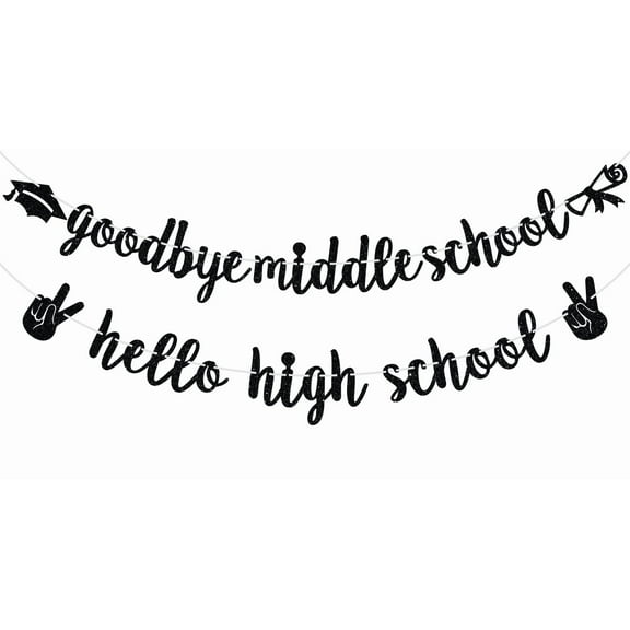 Goodbye Middle School Hello High School Banner, 8th Grad Grade/Congrats Grad, 2024 Meddile School Graduate Graduation Party Decorations Supplies for Boys Girls, Black Glitter