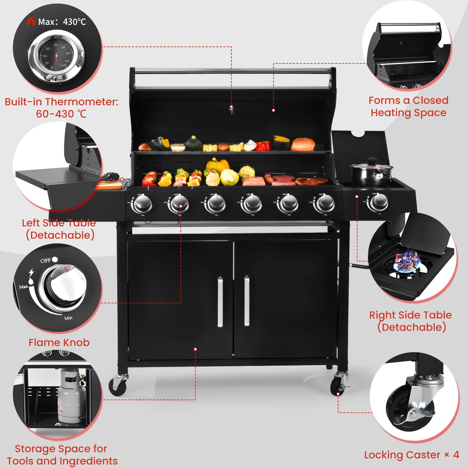 6-Burner w/Side Burner Gas Grill with 403 SQ.IN.60,000 BTU,Propane Grills with Top Cover Lid,Grills Outdoor Cooking for Patios,Camping,Balcony