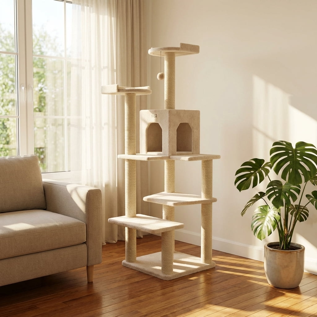 Multi-Level Cat Tree Tower with Condo, Natural Sisal Scratching Posts, Ultra-Soft Plush Carpet, 68 Inches Tall, Beige