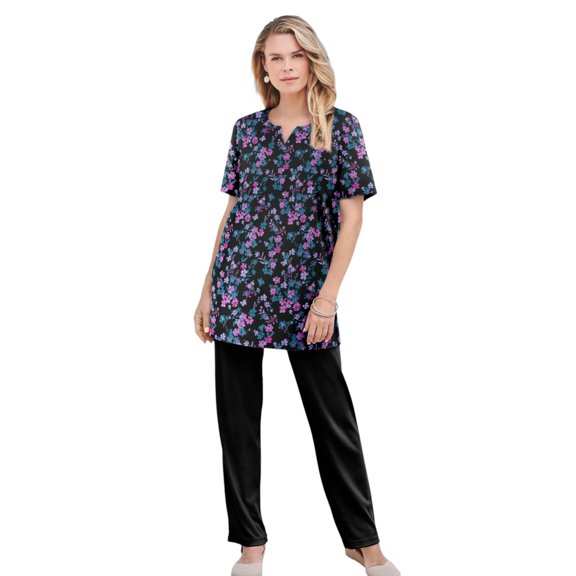 Roaman's Women's Plus Size Soft Knit Print Tunic With Notch Neckline