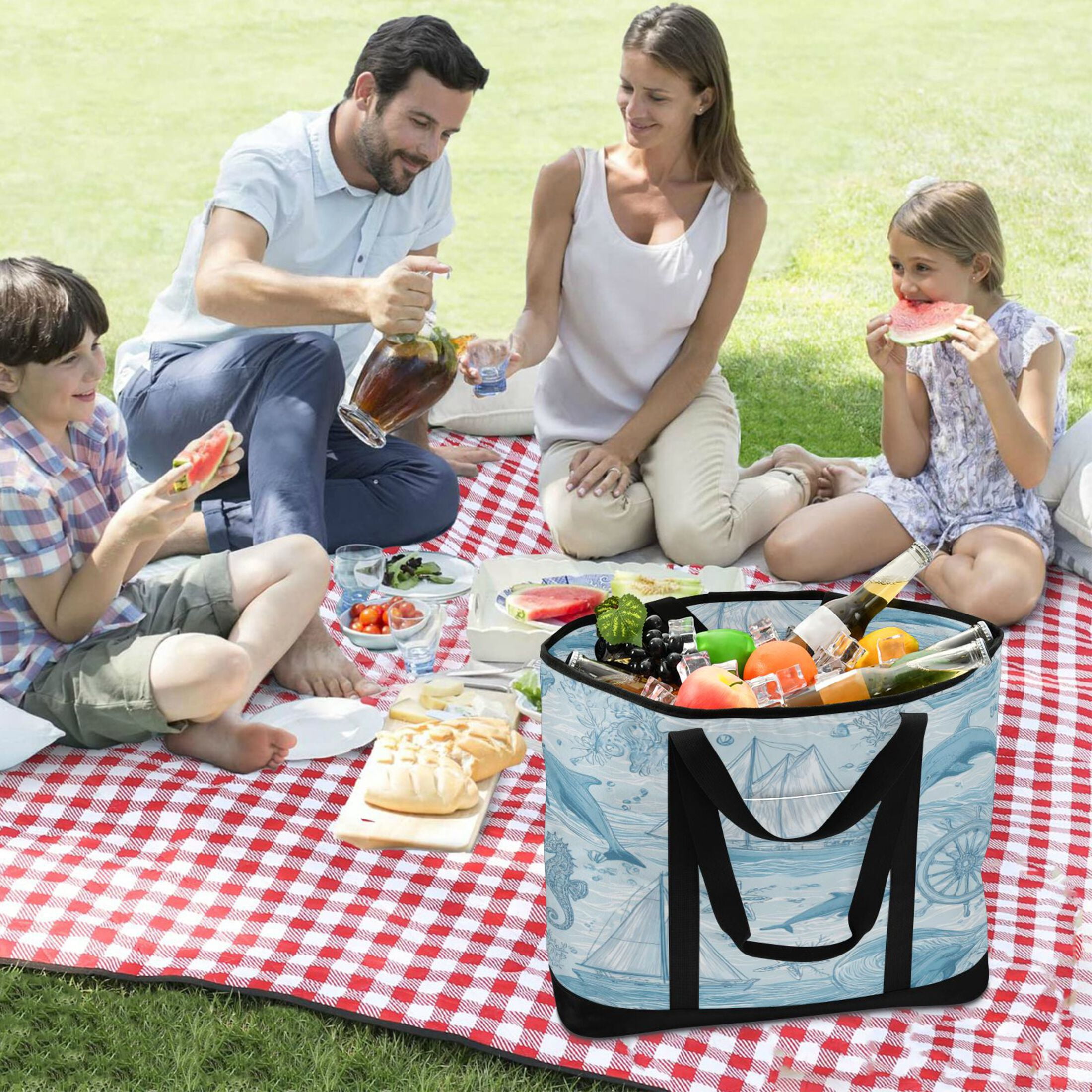 Extra-Large Wide Opening Design Capacity Hand-Held Ice Pack Thickened Insulation Layer For Long-Lasting Cold Retention For Outdoor Shopping Picnics And Camping Light Blue Dolphins Nautical Pattern