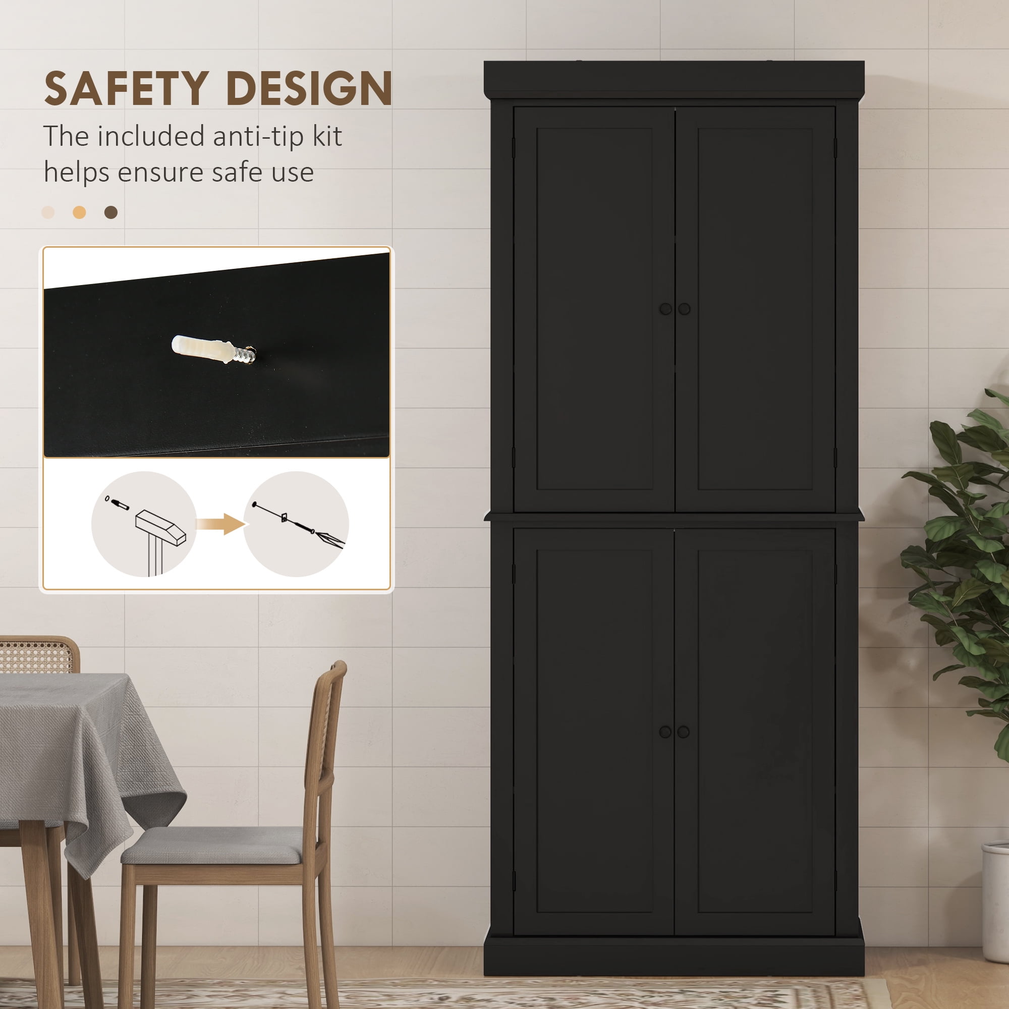 HOMCOM 72" Traditional Freestanding Kitchen Pantry Cupboard with 2 Cabinet, and Adjustable Shelves, Black