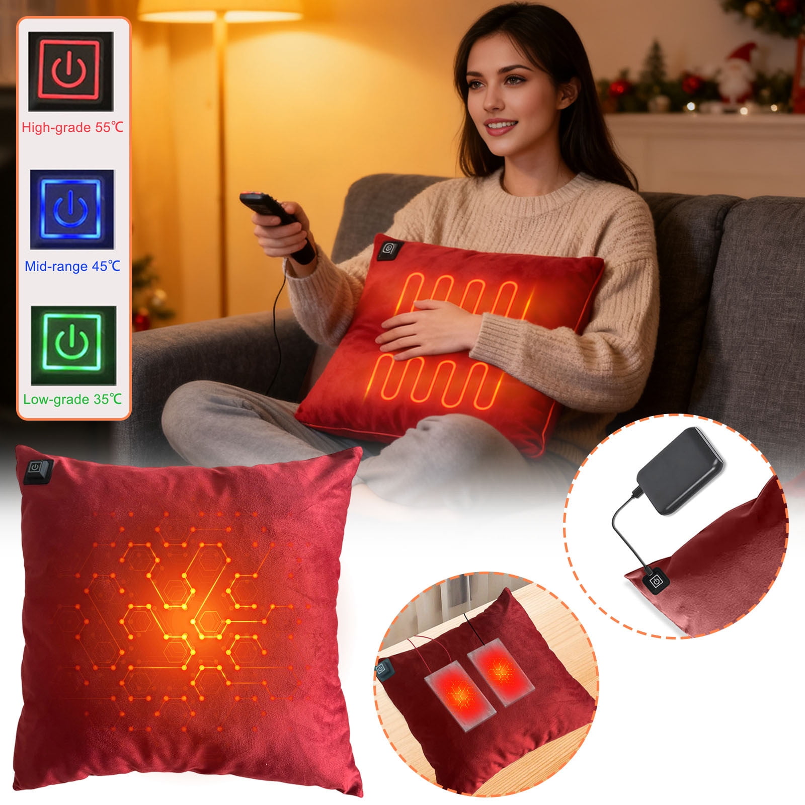 Heated Pillow for Lumbar Support 3 Heat Settings Rechargeable Warm Heating Pad Pillow Battery Operated USB for Period Cramp Abdomen Neck Back Pain Relief Sleeping, red