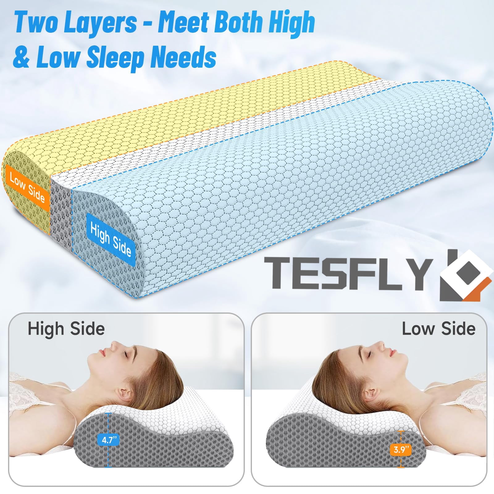 TESFLY Cervical Neck Pillow for Pain Relief, Contour Memory Foam Pillows for Sleeping, Odorless Ergonomic Pillow Adjustable Orthopedic Cooling Pillow Bed Pillow