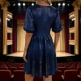 thumbnail image 4 of Sparkly Metallic Side Slit Flowy A-Line Mini Dress Women's Round Neck Puff Sleeve High Waist Ruched Dress Eye-Catching for Spring Summer Parties, 4 of 6