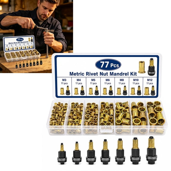 77PCS Carbon Steel Rivet Nut Tool Set, Rivet Nut Mandrel Assortment Kit for DIY and Repairs