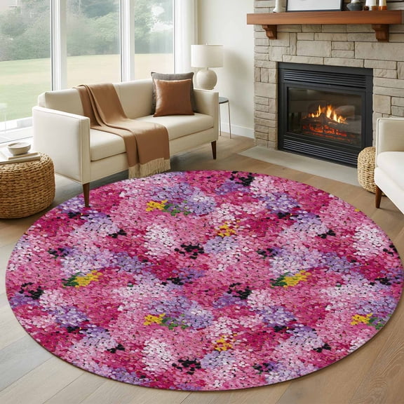 Round Area Rugs Collection 5 Ft, Cherry Blossom Non-Slip Residential Carpet, Pink Purple Flowers Modern Oil Painting Art Indoor Crawling Mats Runner Rugs for Living Room/Dining Room/Bedroom