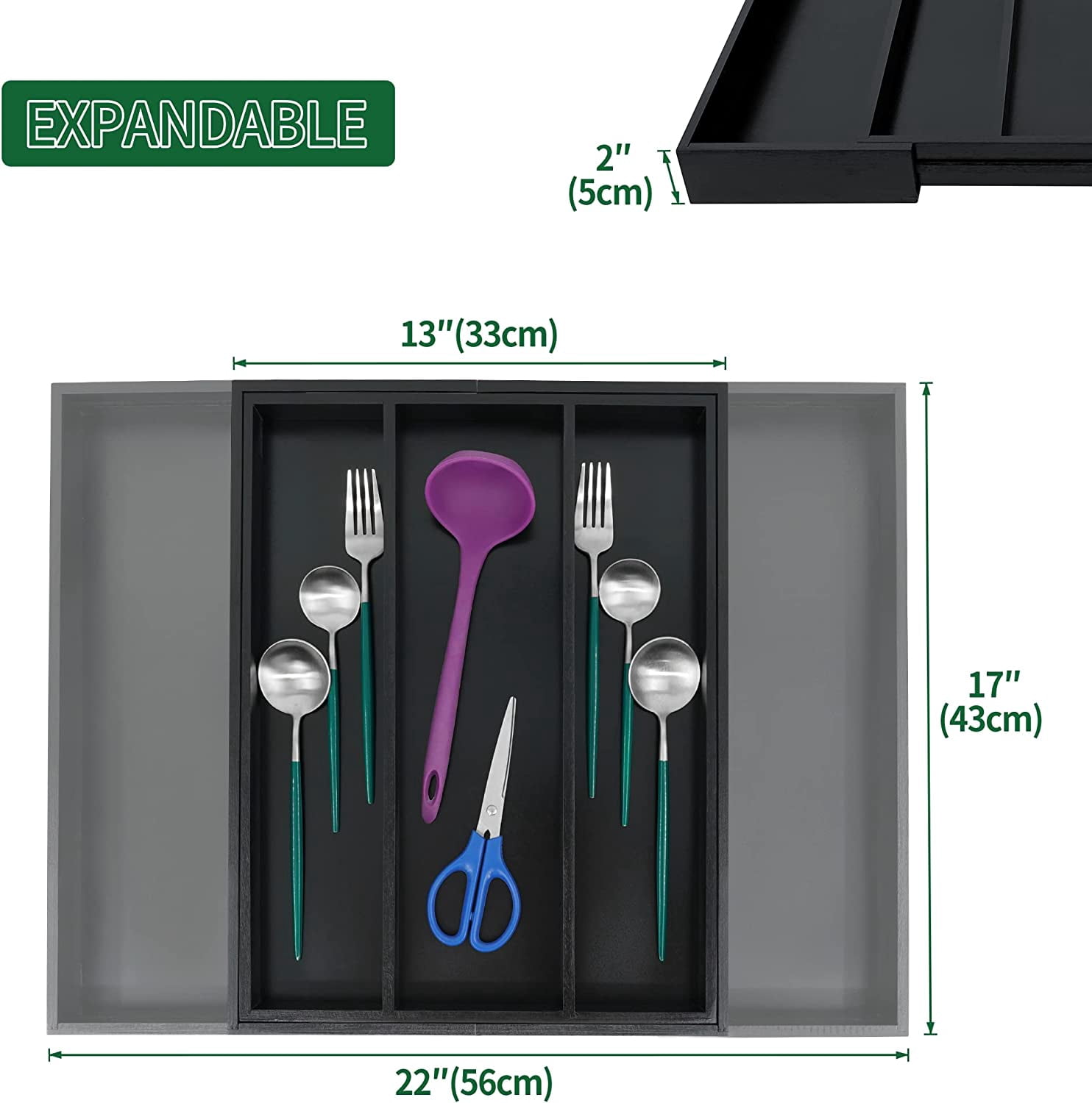Utoplike Bamboo Expandable Kitchen Drawer Organizer, Adjustable Black Utensil Holder and Cutlery Tray Organiser, Drawer Divider for Silverware, Flatware, Knives in Kitchen, Bedroom, Living Room