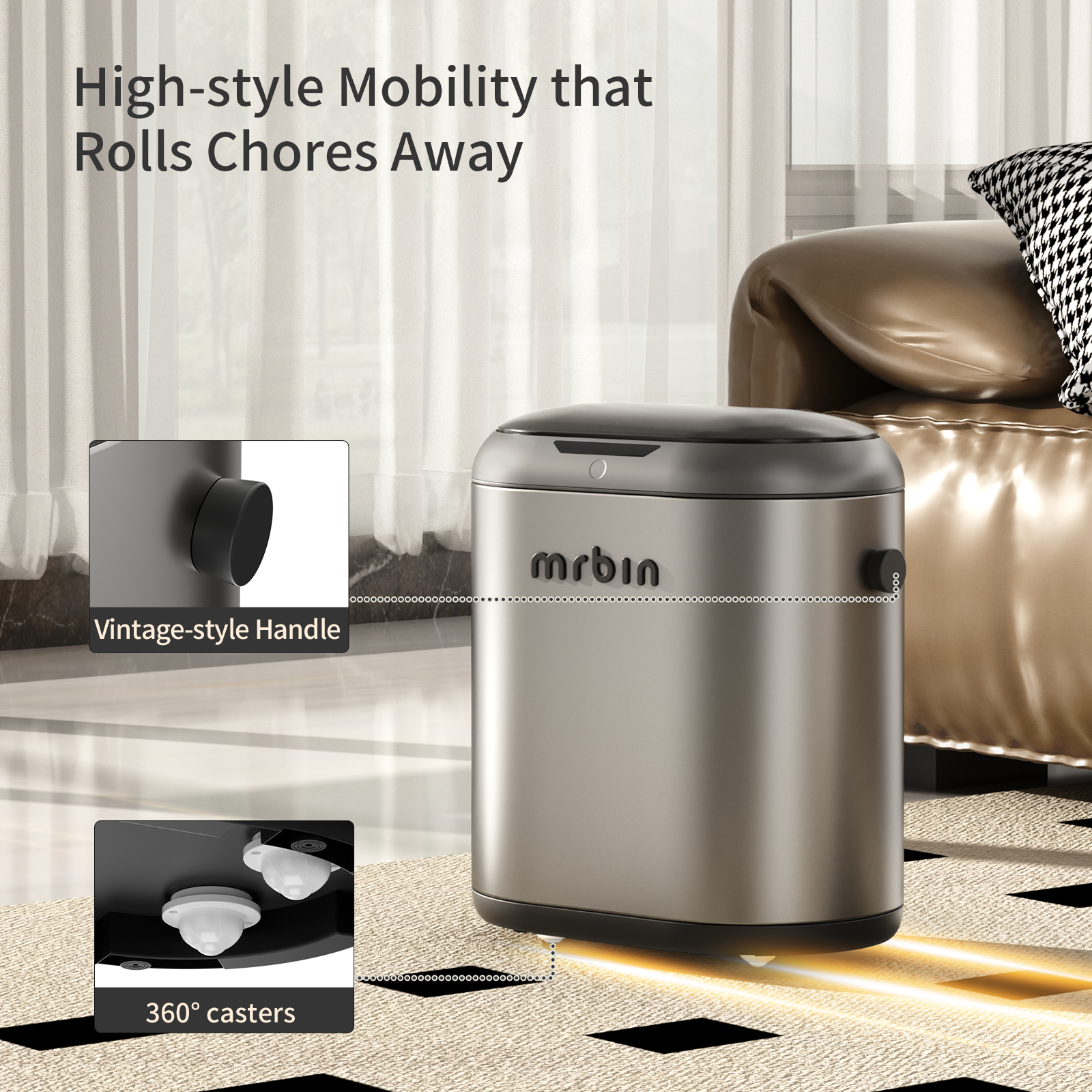 MRBIN Automatic Adsorption Metal Trash Can for Bathroom, Touchless Garbage Bin with Lid, 3.2 Gallon Slim Trash Can for Office and Bedroom, Electric Motion Sensor Waste Basket, Eclipse Grey
