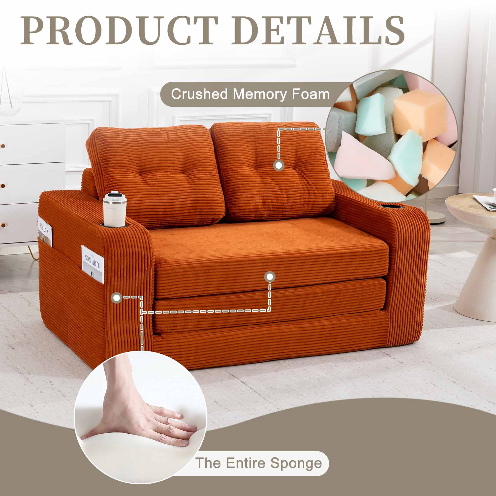 Lunale 54" Convertible Sofa Bed, Small Boneless Cloud Couch with Cup Holders, No Assembly Required, Corduroy Floor Sleeper Sofa, Orange