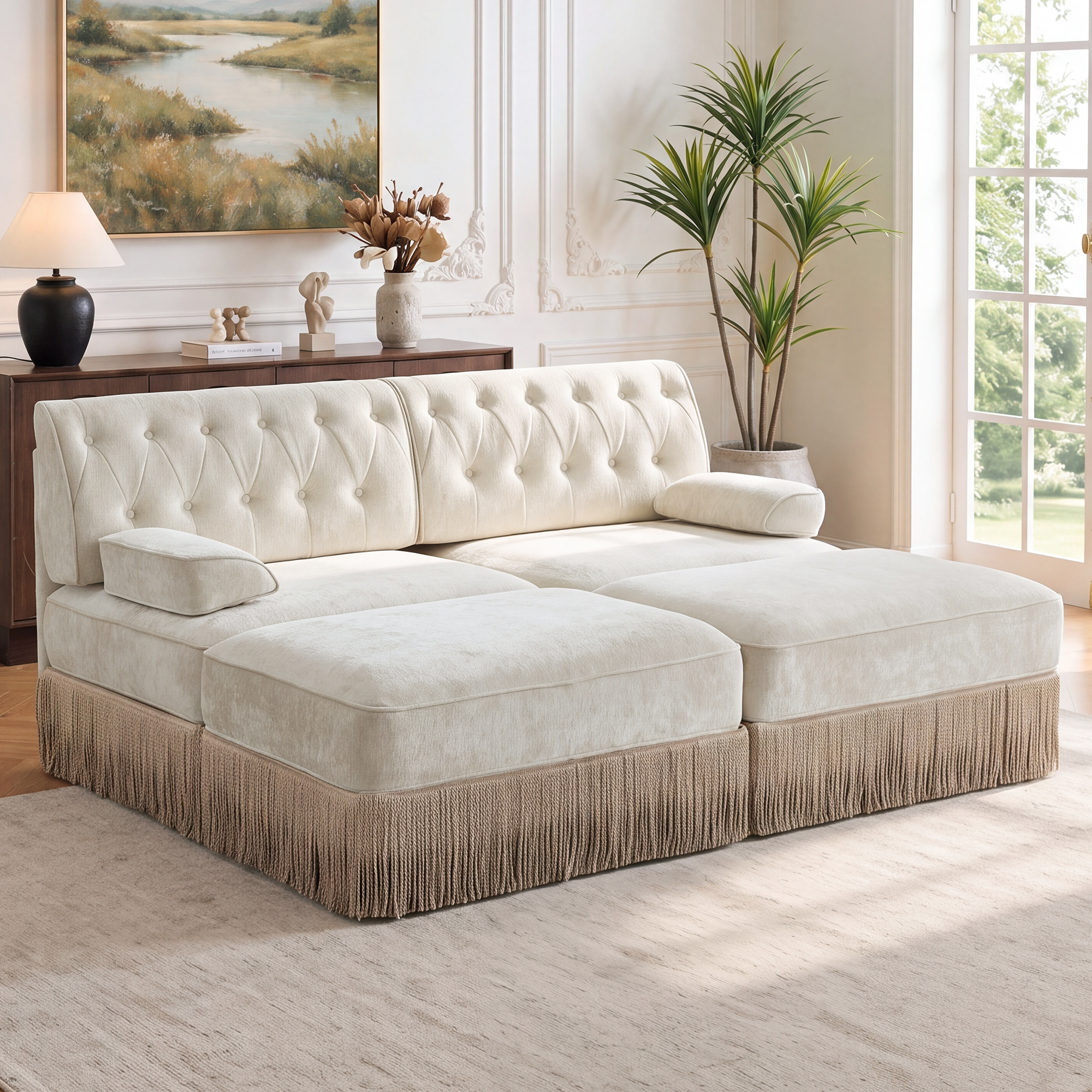 76.6" Chesterfield L-Shaped Modular Sectional Loveseat Sofa Set with 2 Ottoman and Tassel Skirt, Easy to Assemble