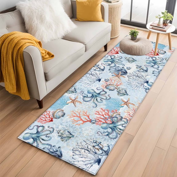 Blue Ocean 2'x6' Runner Rugs for Hallway Kitchen Bedside Non Slip Washable, Summer Coastal Beach Nautical Octopus Corals Entryway Rug Runners with Rubber Backing, Long Carpet Runner for Laundry Room