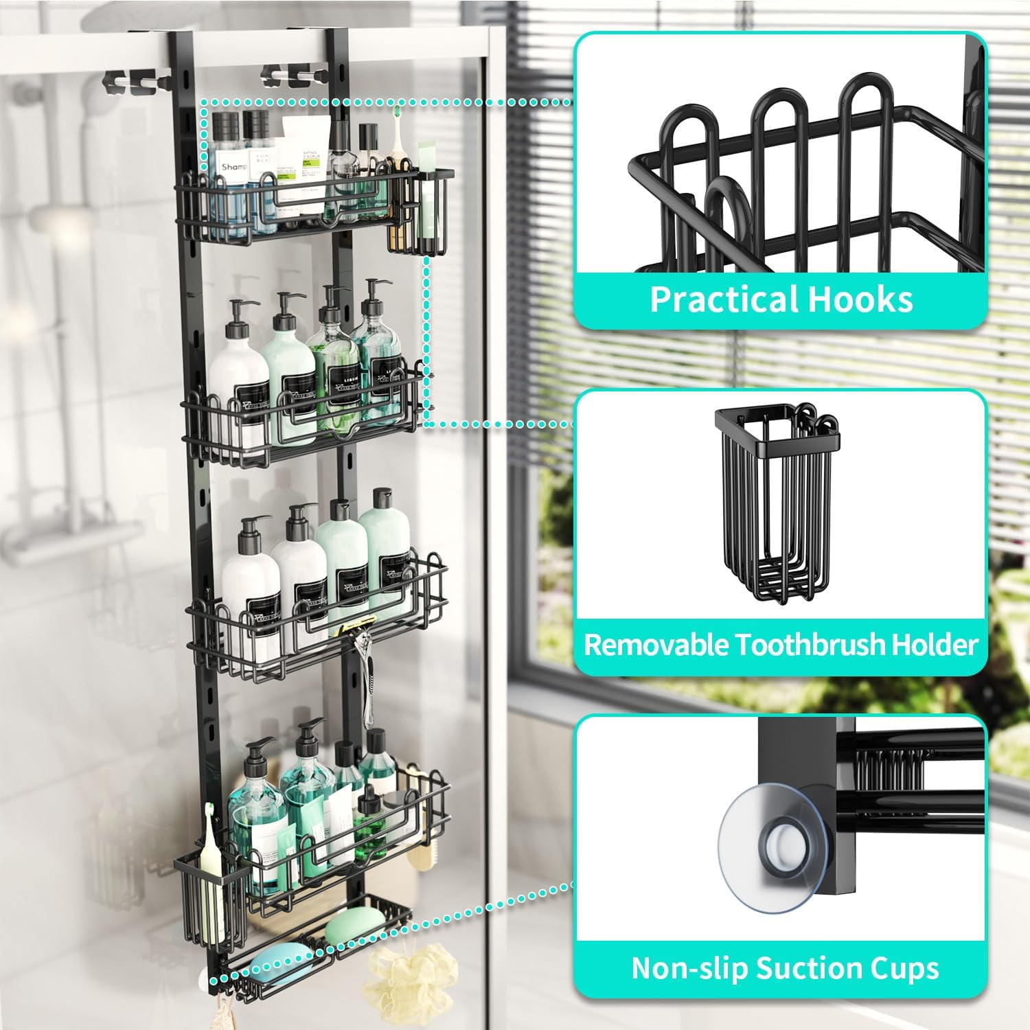 5 Tier Over the Door Shower Caddy, Hanging Shower Caddy with 28 Hooks and 2 Toothbrush Holders, No Drilling Adjustable Hanging Bathroom Organizer - Black