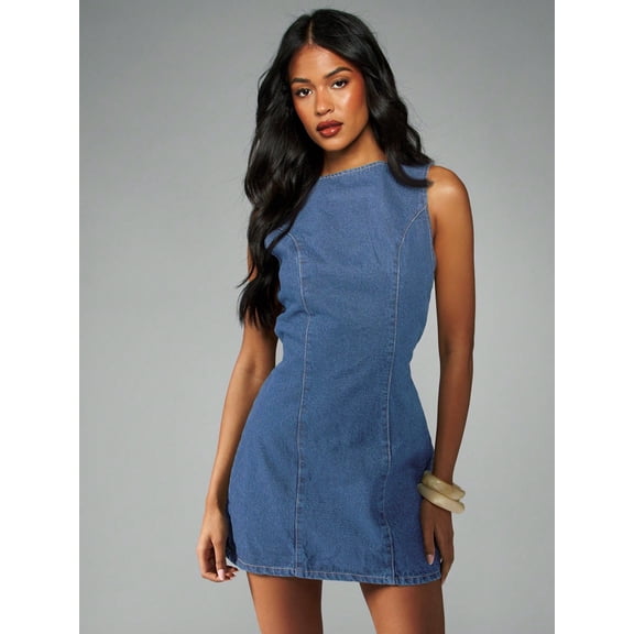 Women's Sleeveless Denim Shift Dress, Round Neck Knee Length Casual Dress